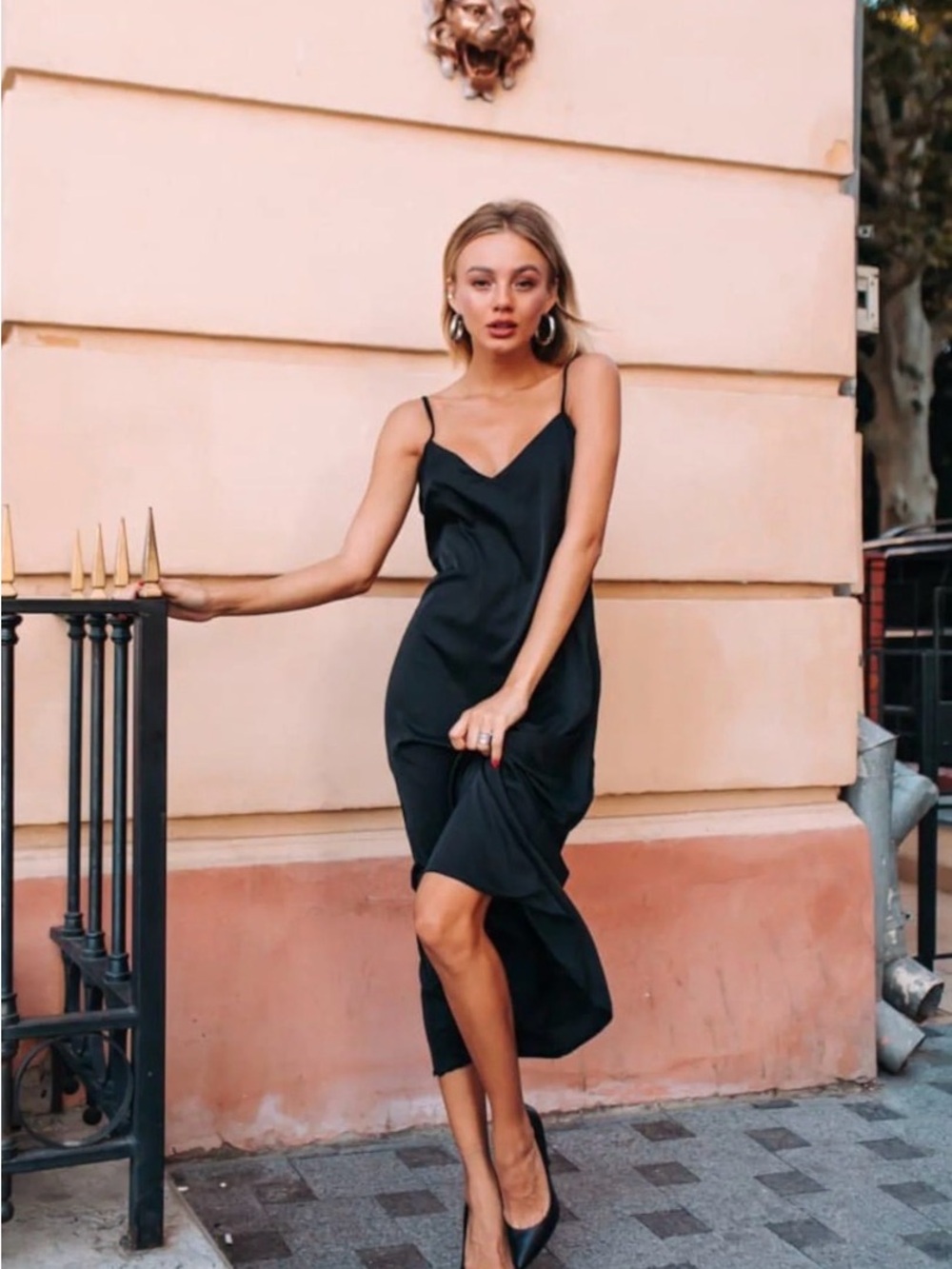 Frederick’s Hollywood Elegant Black Slip Midi Dress with Spaghetti Straps